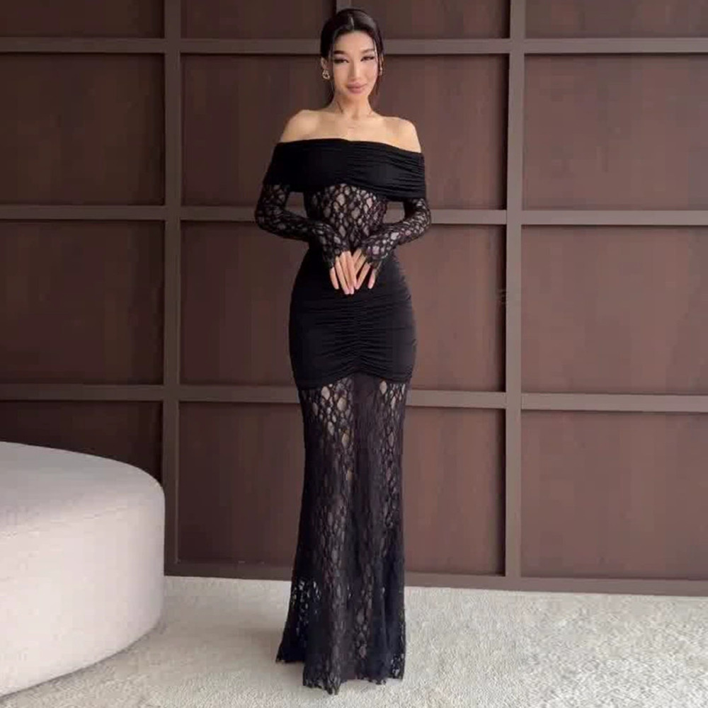 Forever 21 Off-Shoulder Lace Long-Sleeve Ruched Patchwork Dress